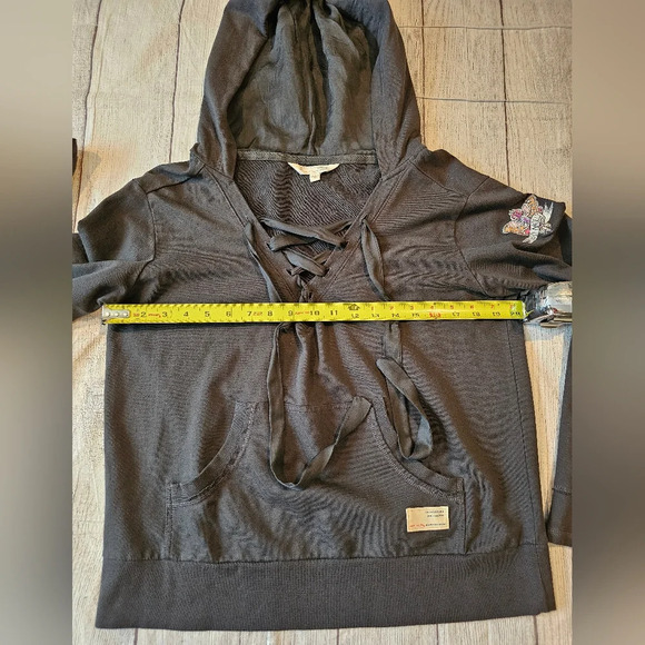 Odd Molly Size Small Dark Gray Hooded Pullover Sweatshirt Lace Up Front Comfy - Picture 10 of 11